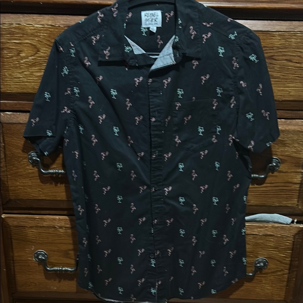 Rebels Black Flamingo Print Casual Button Down Shirt